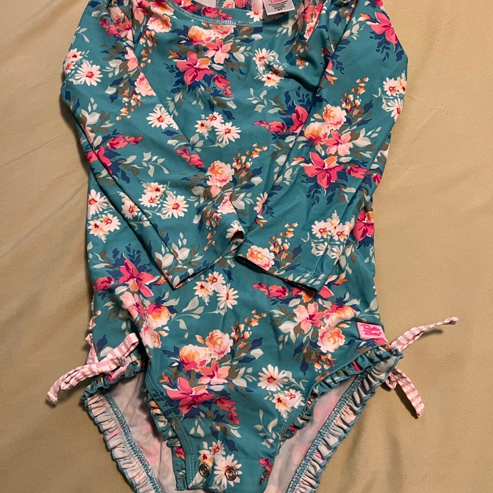 Ruffle Butts Teal and Pink Floral Swimsuit